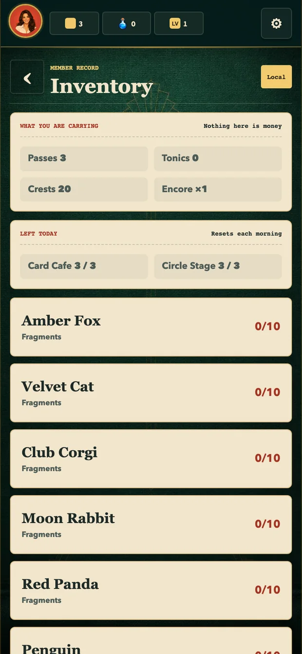 Inventory with live balances and fragment counts.