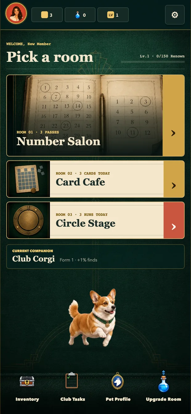 Chancelings lobby: three room cards, the club ledger bar and the corgi companion.