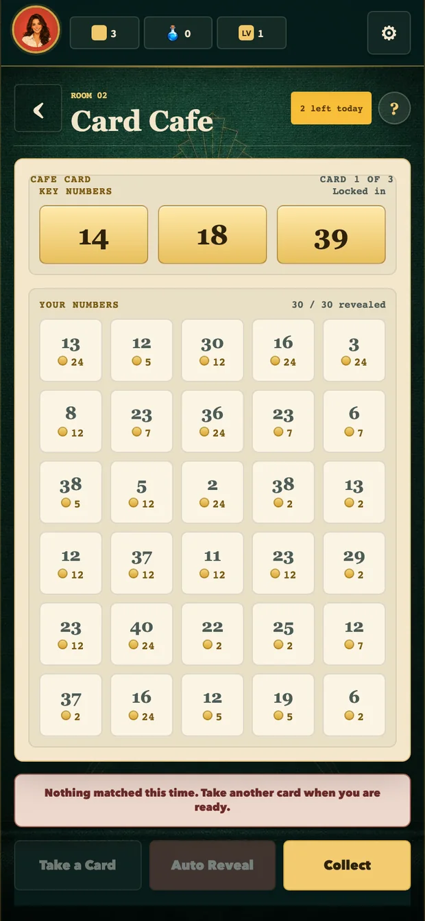 Card Cafe card fully revealed: three key numbers and a thirty square board.