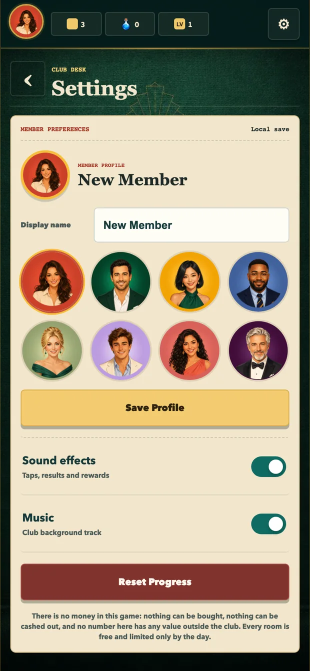 Settings with name field, avatars and sound switches.