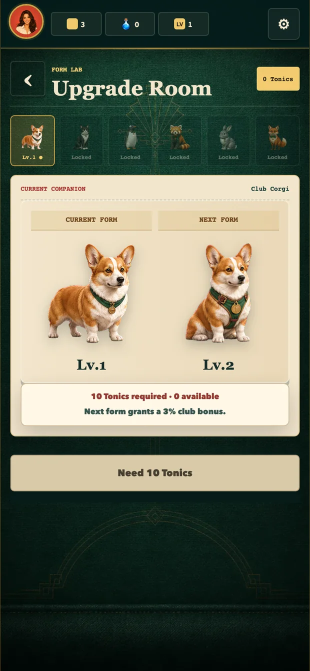 Upgrade Room comparing the corgi's first and second form with the tonic requirement.